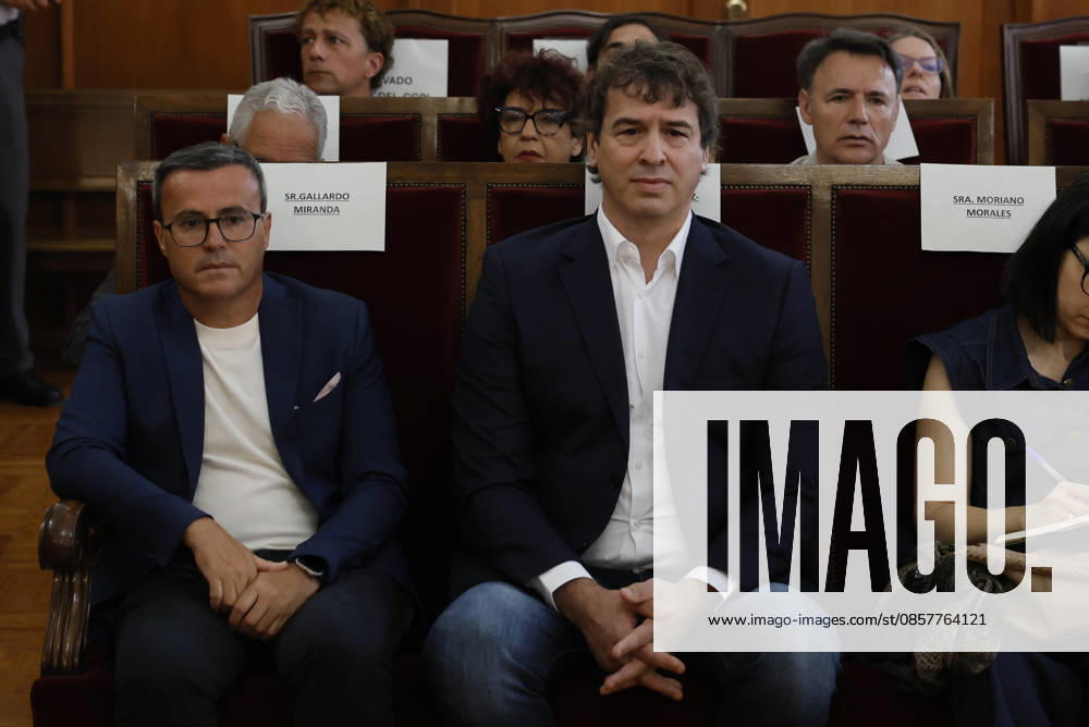 David Sanchez (R), brother of Spanish Prime Minister Pedro Sanchez, and former leader of the Extremadura branch of ruling party PSOE, Miguel Angel Gallardo (L) attend to the trial held in the regional Court of Badajoz, Spain on 28 May 2026 in the case of David Sanchez alleged irregular hiring as the head of the performing arts office within the provincial government of Badajoz. Sanchez, who resigned from the post in February face the charges of alleged embezzlement and influence peddling related to his appointment. The brother of Prime Minister David Sanchez face a trial for his allegedly irregular hiring as the head of the performing arts office !ACHTUNG: NUR REDAKTIONELLE NUTZUNG!