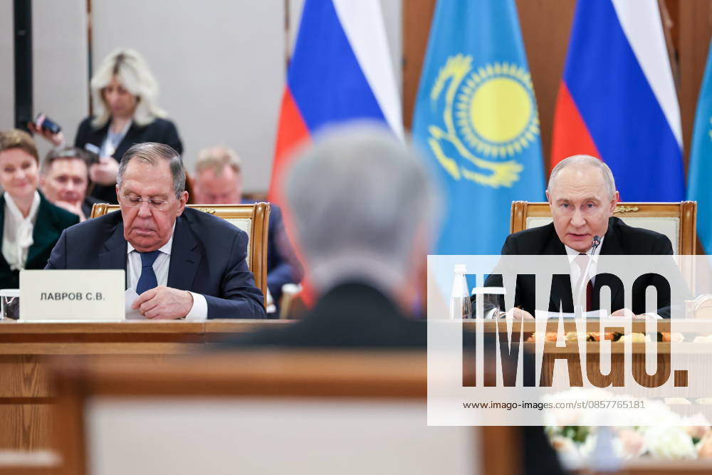 KAZAKHSTAN, ASTANA - MAY 28, 2026: Russia s President Vladimir Putin (R) and Foreign Minister Sergei Lavrov are seen during Kazakh-Russian talks at the Independence Palace. Alexander Kazakov Russian Presidential Press and Information Office TASS 93125779