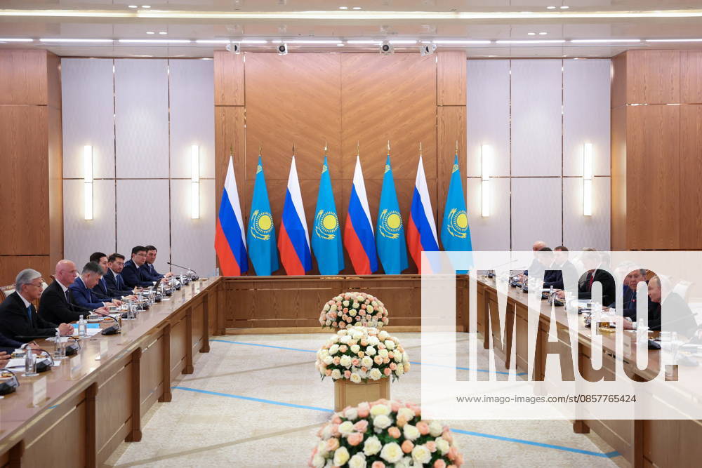 KAZAKHSTAN, ASTANA - MAY 28, 2026: Kazakhstan s President Kassym-Jomart Tokayev (L) and Russia s President Vladimir Putin (R) are seen during Kazakh-Russian talks at the Independence Palace. Alexander Kazakov Russian Presidential Press and Information Office TASS 93125743