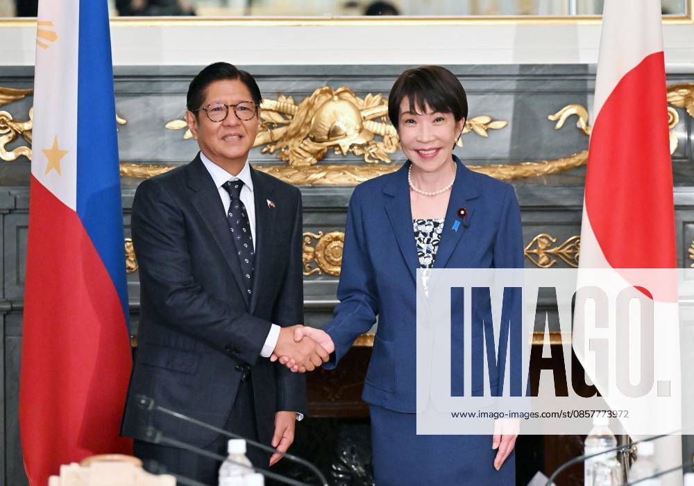 Japan-Philippines summit Japanese Prime Minister Sanae Takaichi (R) and Philippine President Ferdinand Marcos Jr. shake hands before their talks at the State Guest House in Tokyo on May 28, 2026. (Pool photo) A14AA0005617048P