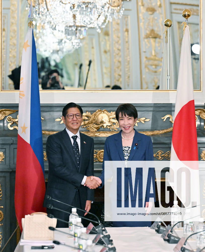 Japan-Philippines summit Japanese Prime Minister Sanae Takaichi (R) and Philippine President Ferdinand Marcos Jr. shake hands before their talks at the State Guest House in Tokyo on May 28, 2026. (Pool photo) A14AA0005617049P