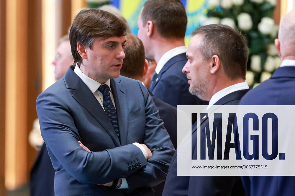 KAZAKHSTAN, ASTANA - MAY 28, 2026: Russia s Minister of Education Sergei Kravtsov (L) and Transport Minister Andrei Nikitin talk ahead of a meeting between Russia s President Vladimir Putin and Kazakhstan s President Kassym-Jomart Tokayev at the Independence Palace. Alexander Shcherbak TASS 93129406