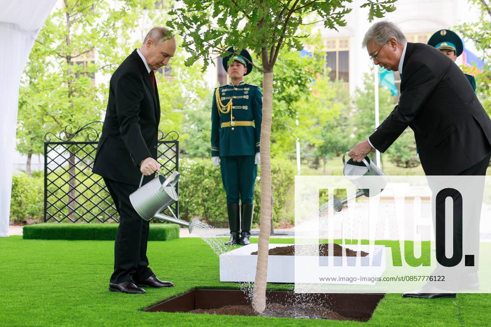 KAZAKHSTAN, ASTANA - MAY 28, 2026: Russia s President Vladimir Putin (L) and Kazakhstan s President Kassym-Jomart Tokayev (R) take part in a tree-planting ceremony on the Alley of Eternal Friendship between Russia and Kazakhstan. Alexander Shcherbak TASS 93129419