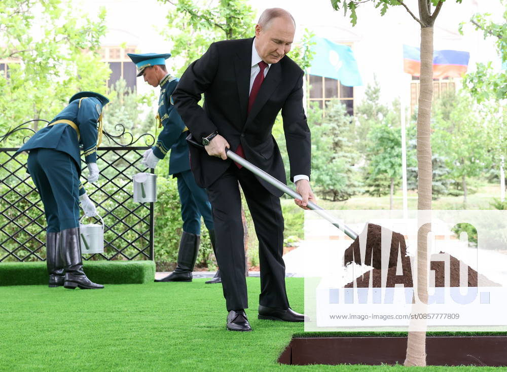 KAZAKHSTAN, ASTANA - MAY 28, 2026: Russia s President Vladimir Putin takes part in a tree-planting ceremony on the Alley of Eternal Friendship between Russia and Kazakhstan. Alexander Kazakov Russian Presidential Press and Information Office TASS 93130603