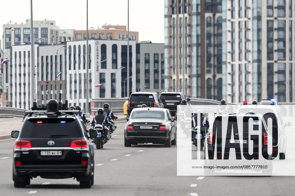KAZAKHSTAN, ASTANA - MAY 28, 2026: A motorcade of Russia s President Vladimir Putin during his state visit to Kazakhstan. Alexander Kazakov Russian Presidential Press and Information Office TASS 93130778