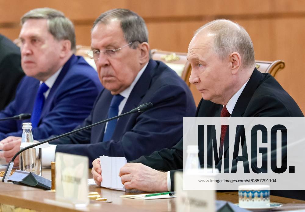 Kazakhstan Russia 9175367 28.05.2026 Russian President Vladimir Putin, Foreign Minister Sergey Lavrov and Presidential Aide Yury Ushakov attend an expanded format meeting with Kazakh President Kassym-Jomart Tokayev at the Palace of Independence in Astana, Kazakhstan. Alexander Shcherbak Sputnik Astana Kazakhstan