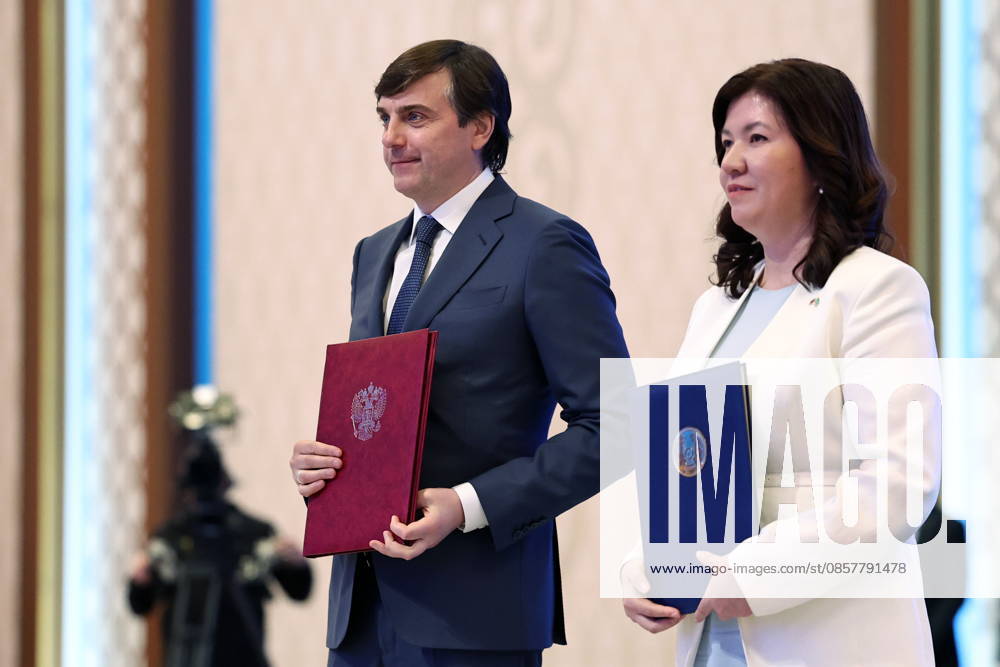 KAZAKHSTAN, ASTANA - MAY 28, 2026: Russia s Minister of Education Sergei Kravtsov and Kazakhstan s Minister of Education Juldyz Suleimenova (L-R front) pose during a ceremony to sign joint documents at the Independence Palace. Alexander Kazakov Russian Presidential Press and Information Office TASS 93134035
