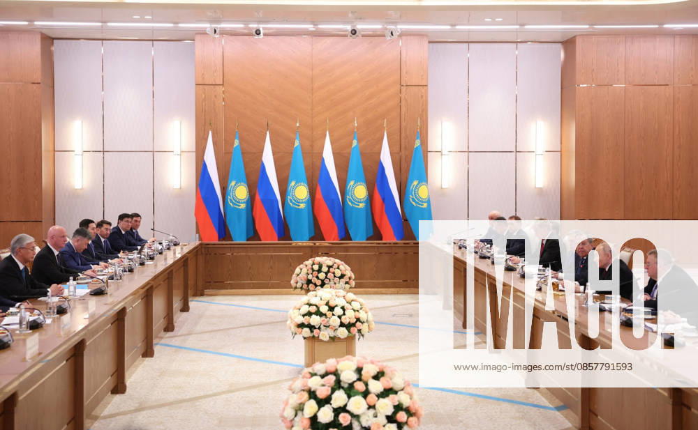 Russian President Vladimir Putin, right, listens to Kazakh President Kassym-Jomart Tokayev, center left, during an expanded format bilateral meeting at the Palace of Independence, May 28, 2026 in Astana, Kazakhstan. Astana Kazakhstan - ZUMAp138 20260528_zaa_p138_025