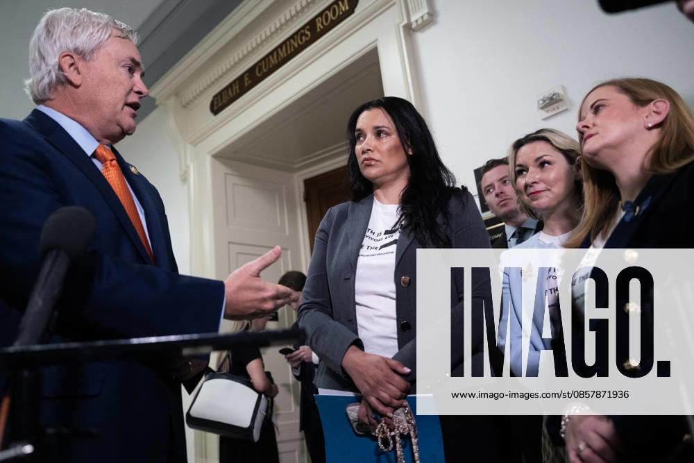Bondi Deposition TW UNITED STATES - MAY 29: Chairman James Comer, R-Ky., talks with Jeffrey Epstein survivors from left, Sharlene Rochard, Dani Bensky, and Liz Stein, before former Attorney General Pam Bondi sat for a House Oversight and Government Reform Committee deposition about the Epstein files, in Rayburn building on Friday, May 29, 2026. (Tom Williams CQ Roll Call) Washington DC United States