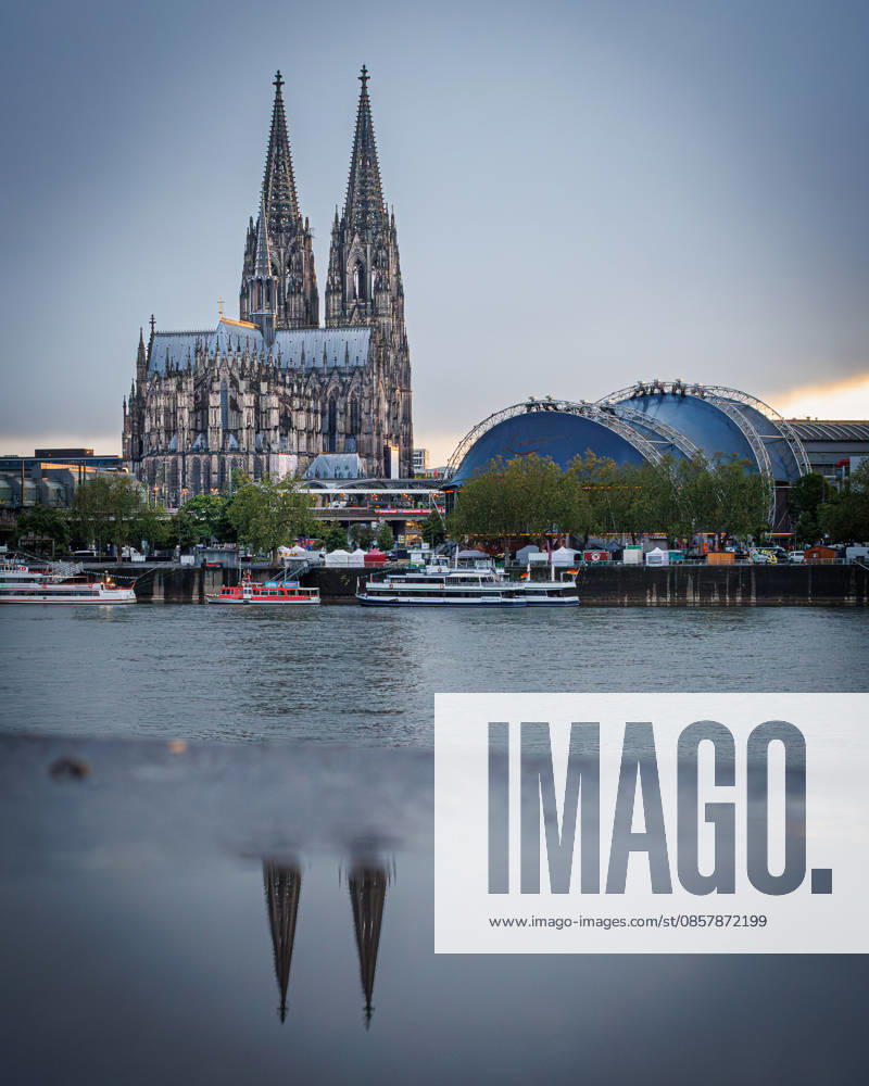 Cologne cathedral with musical dome photographed from the right bank of the Rhine Cologne cathedral with musical dome photographed from the right bank of the Rhine with reflection of the cathedral towers Cologne NRW Germany