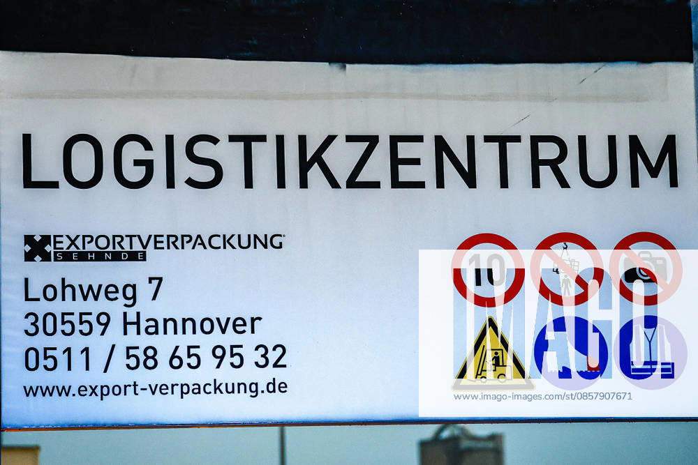 Major fire in a warehouse and logistics hall Company sign with safety instructions at the main entrance Hanover Anderten Lohweg 7, Lower Saxony industrial estate, Hanover region Germany