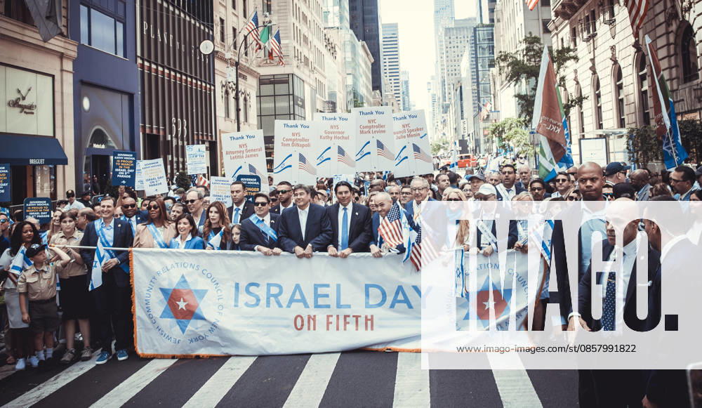 (L-R) New Yorkâ€⠢s District 10 Representative DAN GOLDMAN, New York Attorney General LETITIA JAMES, New York Governor KATHY HOCHUL, New York City Council President JULIE MENIN and further to the right Israeli politician and Speaker of the Knesset AMIR OHANA await the Israel Day Parade in Manhattan to begin. New York USA - ZUMAp287 20260531_znp_p287_002