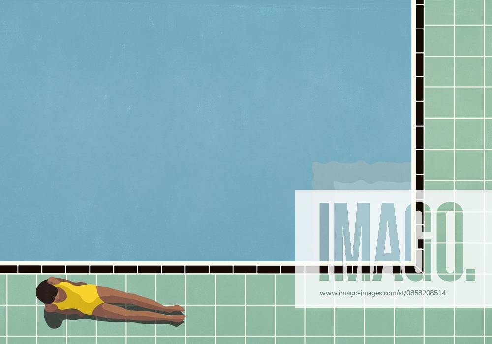 View from above of woman sunbathing, relaxing next to sunny summer swimming pool