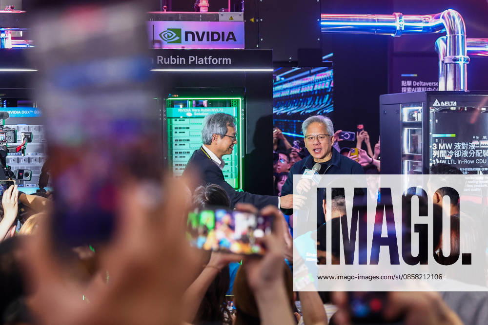 NVIDIA s CEO Jensen Huang visits COMPUTEX TAIPEI 2026 TAIPEI, TAIWAN - JUNE 3: Jensen Huang, the CEO of American multinational tech giant NVIDIA, is surrounded by heaps of supporters and staff during his visit to the COMPUTEX TAIPEI trade show, in Taipei, Taiwan, on June 3, 2026. COMPUTEX TAIPEI is one of the world’s largest and most significant trade shows, featuring latest technologies, drones, data centres, Artificial Intelligence (AI) technologies, supercomputers, semiconductors products and other things from major international firms such as Nvidia, Intel, NXP and Foxconn. Daniel Ceng Anadolu Taipei Taiwan. Editorial use only. Please get in touch for any other usage.