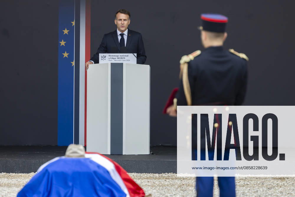 Paris, France June 3, 2026 - National tribute to late French philosopher and sociologist Edgar Morin at the Hotel des Invalides - Emmanuel Macron HOMMAGE NATIONAL, EDGAR MORIN, POLITIQUE