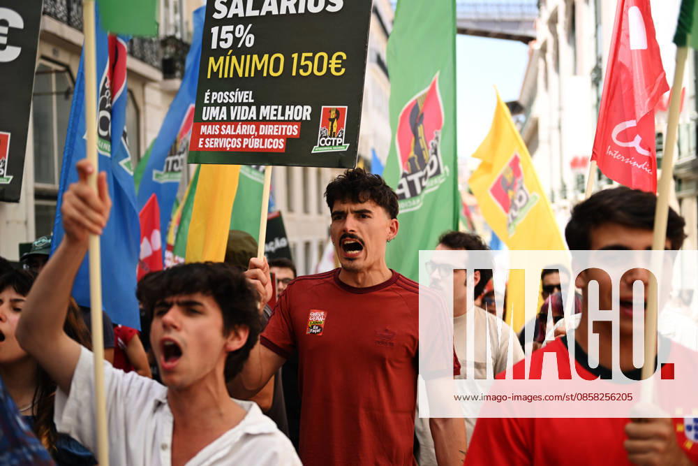 Nationwide Strike For Workers Lisbon LISBON, PORTUGAL - JUNE 03: Protesters hold a banner and wave red trade union flags as they line the streets during a national mobilization in Lisbon, Portugal on June 03, 2026. The demonstration, organized under the National Fight Day motto, demands increased wages, guaranteed labor rights, and measures against the rising cost of living, while advocating for the right to health and housing. Zed Jameson Anadolu Lisbon Portugal. Editorial use only. Please get in touch for any other usage.