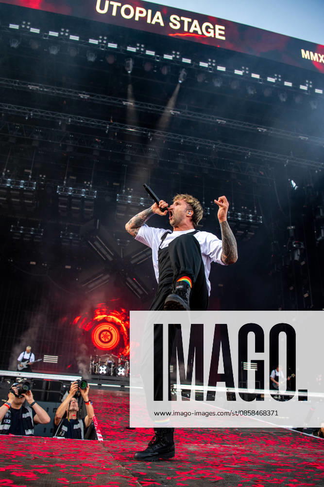 Singer Sebastian Sushi Biesler from the German metalcore and trancecore band Electric Callboy will bring ecstasy to the audience with a high-energy show on the Utopia Stage main stage at Rock im Park 2026 Nuremberg Zeppelinfeld Bavaria Germany