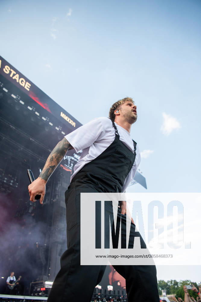 Singer Sebastian Sushi Biesler from the German metalcore and trancecore band Electric Callboy will bring ecstasy to the audience with a high-energy show on the Utopia Stage main stage at Rock im Park 2026 Nuremberg Zeppelinfeld Bavaria Germany