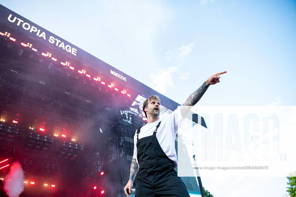 Singer Sebastian Sushi Biesler from the German metalcore and trancecore band Electric Callboy will bring ecstasy to the audience with a high-energy show on the Utopia Stage main stage at Rock im Park 2026 Nuremberg Zeppelinfeld Bavaria Germany