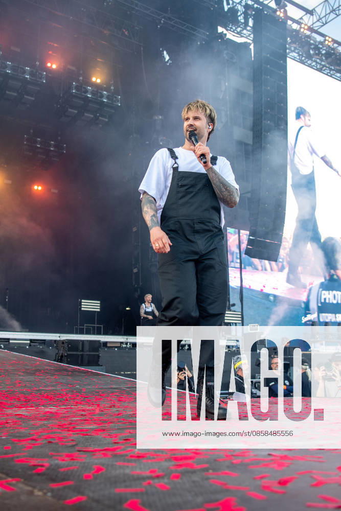 Singer Sebastian Sushi Biesler from the German metalcore and trancecore band Electric Callboy will bring ecstasy to the audience with a high-energy show on the Utopia Stage main stage at Rock im Park 2026 Nuremberg Zeppelinfeld Bavaria Germany