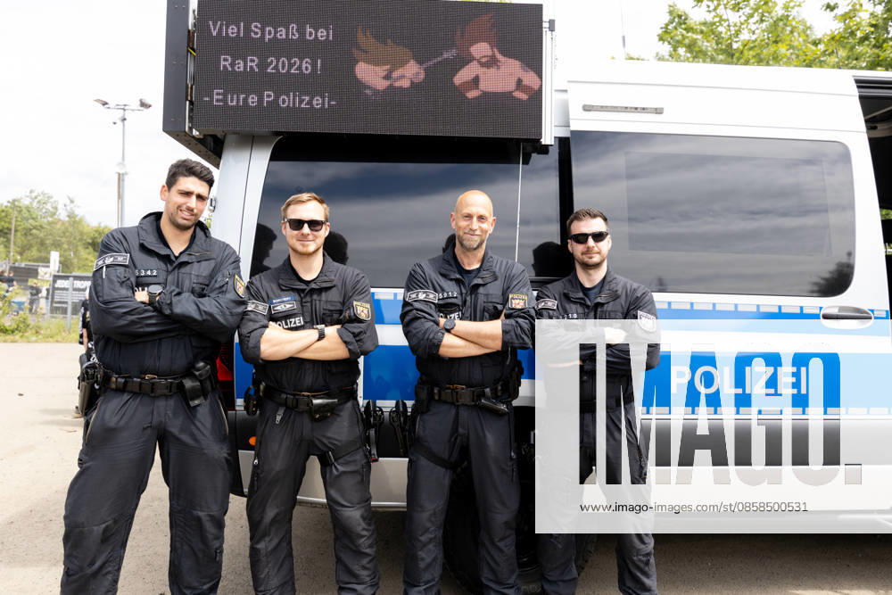 Rock am Ring 2026 06 06 26 The police are on site and wish visitors a lot of fun Second festival day on Saturday, 06 06 2026, at Rock am Ring 2026 at the Nürburgring in the Eifel The three-day music festival takes place from June 5 to 7, 2026 and is one of the largest open air festivals in Germany Nürburg Nürburgring Rhineland-Palatinate Germany