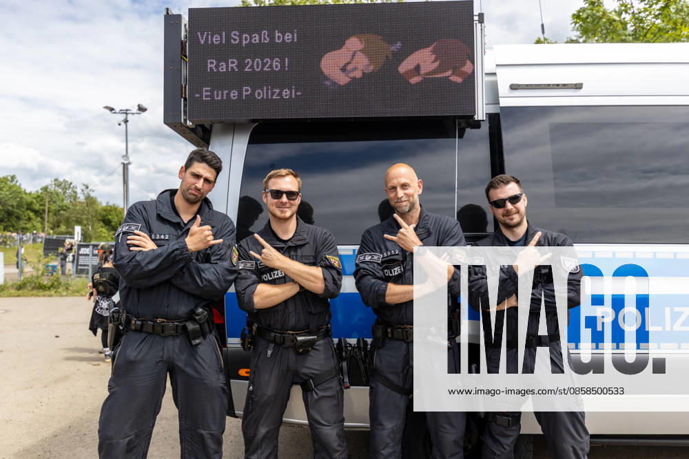 Rock am Ring 2026 06 06 26 The police are on site and wish visitors a lot of fun Second festival day on Saturday, 06 06 2026, at Rock am Ring 2026 at the Nürburgring in the Eifel The three-day music festival takes place from June 5 to 7, 2026 and is one of the largest open air festivals in Germany Nürburg Nürburgring Rhineland-Palatinate Germany