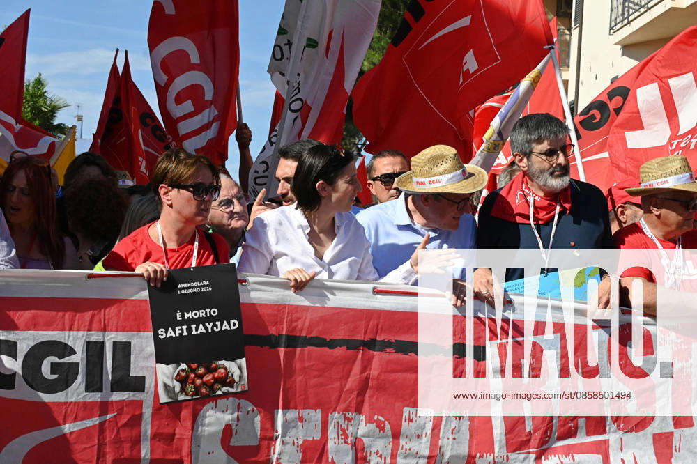 IPA85398805 - A demonstration in the streets of the town with the national secretary of the CGIL Maurizio Landini, the secretary of the PD Elly Schlain and the national secretary of the Green Alliance Nicola Fratoianni. during FLAI CGIL General mobilization against gangmastering and labor exploitation in memory of the four migrants murdered by gangmasters, News in Cosenza , Italy, June 06 2026