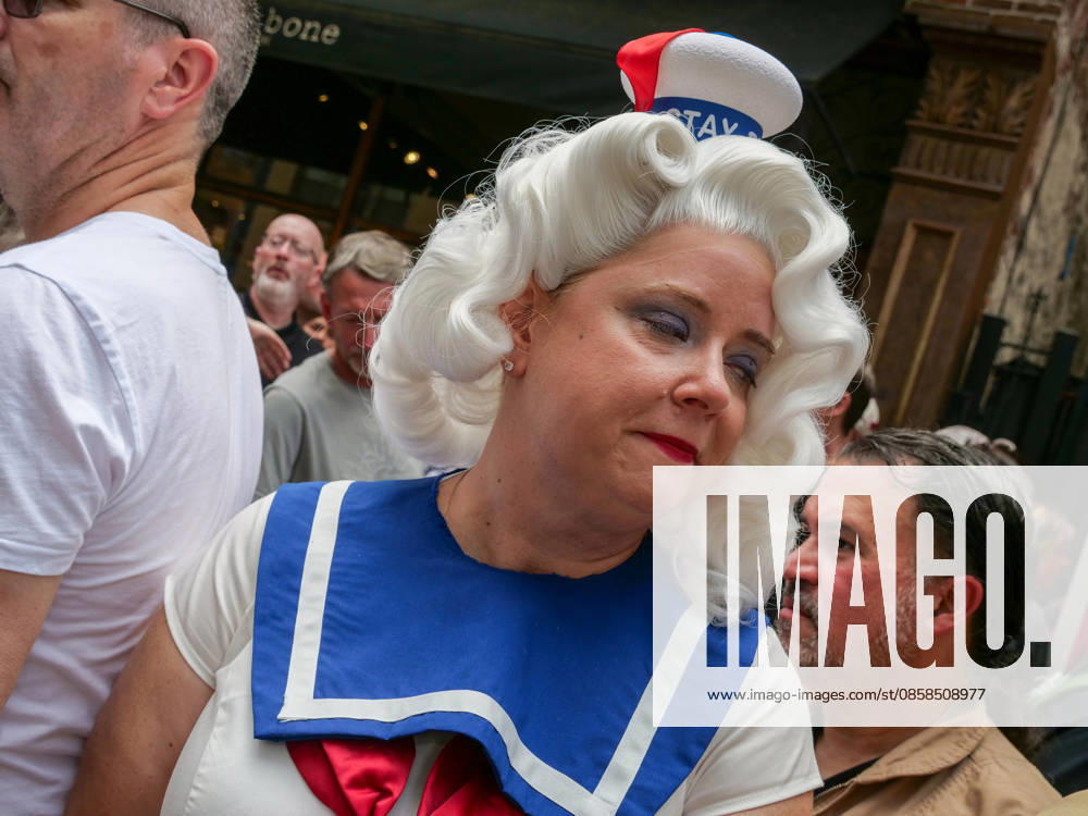 Woman in Stay Puft Marshmallow costume at Ghostbusters Day 2006 at Hook & Ladder 8 Tribeca NYC..A street celebration fundraiser benefiting the FDNY Foundation at the beloved firehouse .famous in the Ghostbuster movie franchise with Ecto-1 vehicle displays, music,. fan merchandise and special guests. New York USA - ZUMAh156 20260606_znp_h156_005