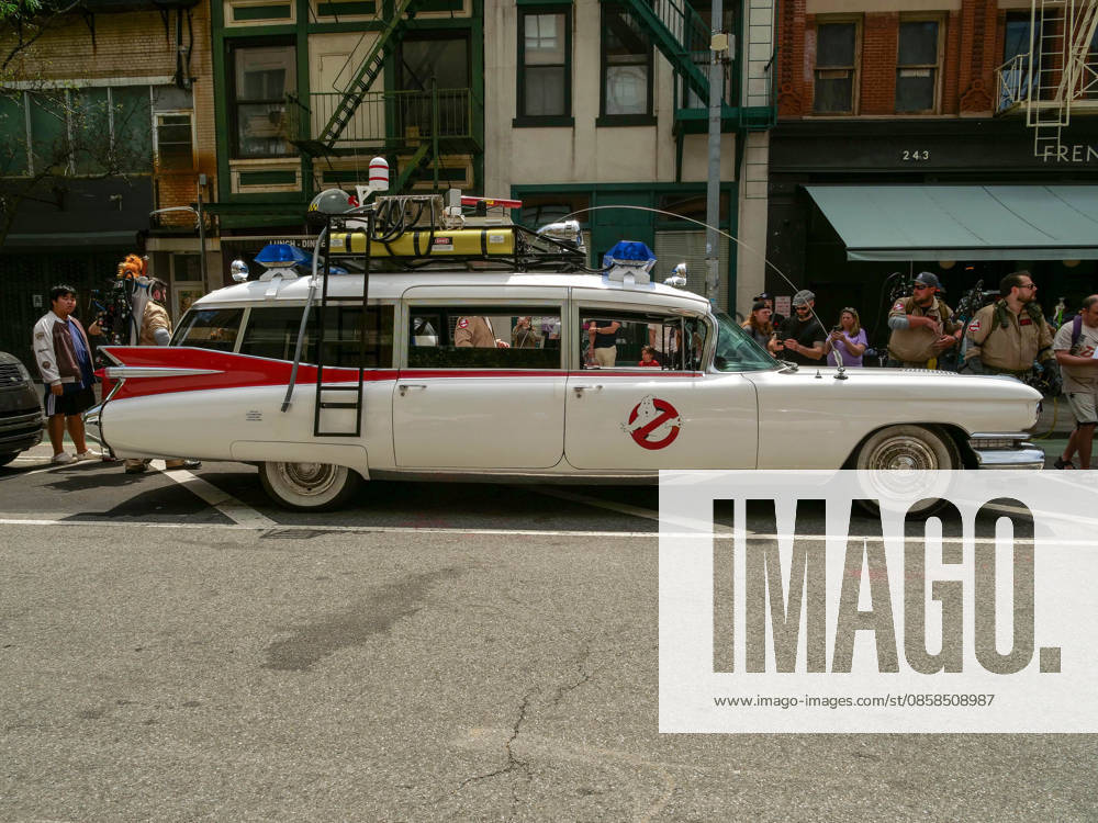 Vintage Cadillac ECTO-1 ambulance at Ghostbusters Day 2006 at Hook & Ladder 8 Tribeca NYC..A street celebration fundraiser benefiting the FDNY Foundation at the beloved firehouse .famous in the Ghostbuster movie franchise with Ecto-1 vehicle displays, music,. fan merchandise and special guests. New York USA - ZUMAh156 20260606_znp_h156_011