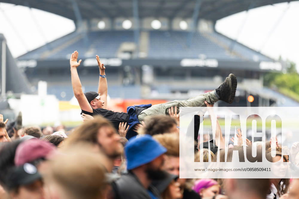 A crowdsurfer during the performance of the Swiss metal band Paleface Swiss as part of the Rock am Ring 2026 festival at the Nürburgring Nürburg Rock am Ring Rheinland Pfalz Germany