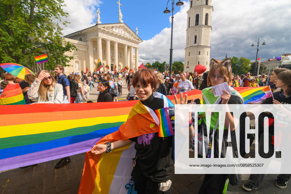 People march with a huge pride flag during the pride parade. Vilnius on June 6 marked Lithuanian Pride 2026 with a march for equality, drawing thousands to the city center in a public show of visibility, solidarity, and support for LGBTQ+ rights. Vilnius Lithuania - ZUMAs197 20260606_aaa_s197_190