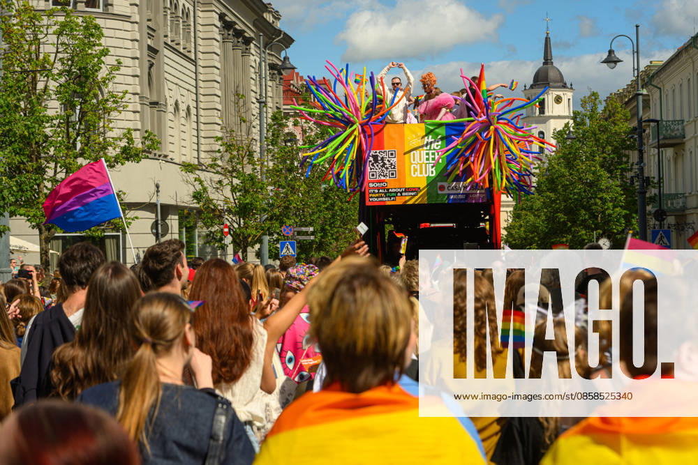 A decorated float carrying participants moves along a central street during the pride parade. Vilnius on June 6 marked Lithuanian Pride 2026 with a march for equality, drawing thousands to the city center in a public show of visibility, solidarity, and support for LGBTQ+ rights. Vilnius Lithuania - ZUMAs197 20260606_aaa_s197_210