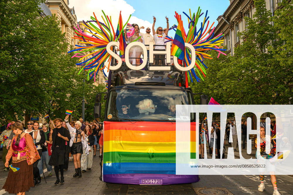 A decorated float carrying participants moves along a central street during the pride parade. Vilnius on June 6 marked Lithuanian Pride 2026 with a march for equality, drawing thousands to the city center in a public show of visibility, solidarity, and support for LGBTQ+ rights. Vilnius Lithuania - ZUMAs197 20260606_aaa_s197_218