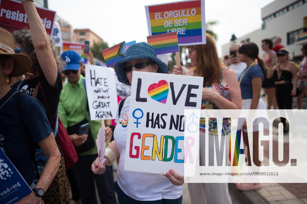 A person is seen holding a placard as she takes part in a demonstration in support of the rights of LGTBIQ+ people, as part of the LGTBIQ+ Pride celebrations. The LGTBIQ+ Pride of Torremolinos is internationally known as a meeting point for LGTBIQ+ people in a colourful and festive atmosphere, where thousands of people celebrate the fight of the LGTBIQ+ movement for equality and respect. Malaga Spain - ZUMAs197 20260606_aaa_s197_325
