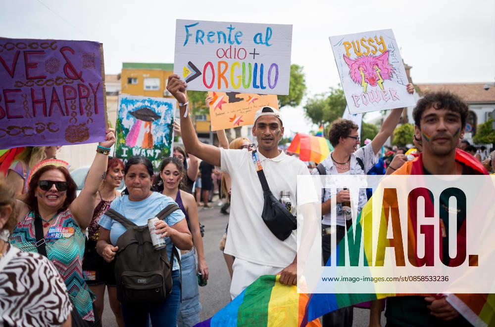 People are seen holding up placards as they take part in a demonstration in support of the rights of LGTBIQ+ people, as part of the LGTBIQ+ Pride celebrations. The LGTBIQ+ Pride of Torremolinos is internationally known as a meeting point for LGTBIQ+ people in a colourful and festive atmosphere, where thousands of people celebrate the fight of the LGTBIQ+ movement for equality and respect. Malaga Spain - ZUMAs197 20260606_aaa_s197_389