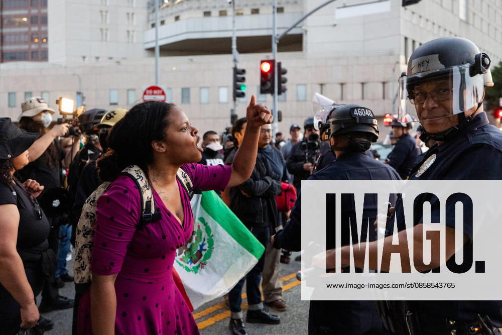 LOS ANGELES, CA - JUNE 06: Anti-ICE demonstrators clash with police officers outside a federal detention center on June 6, 2026 in Los Angeles, California.