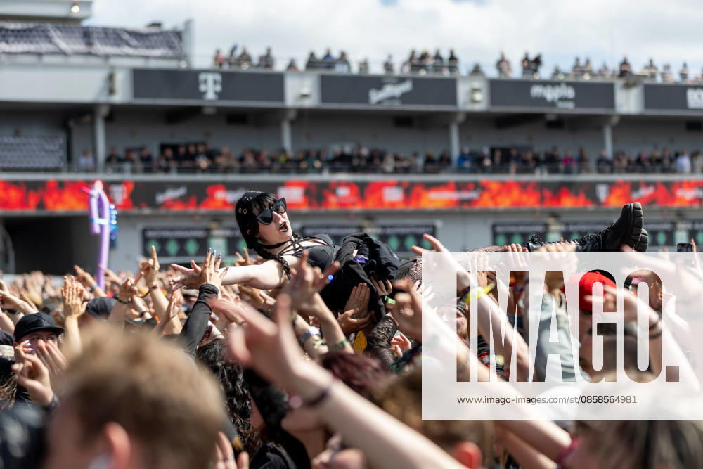 A crowdsurfer during the performance of the US rap rock band Hollywood Undead as part of the Rock am Ring 2026 festival at the Nürburgring Nürburg Rock am Ring Rheinland Pfalz Germany