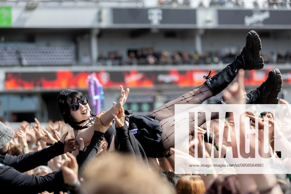 A crowdsurfer during the performance of the US rap rock band Hollywood Undead as part of the Rock am Ring 2026 festival at the Nürburgring Nürburg Rock am Ring Rheinland Pfalz Germany