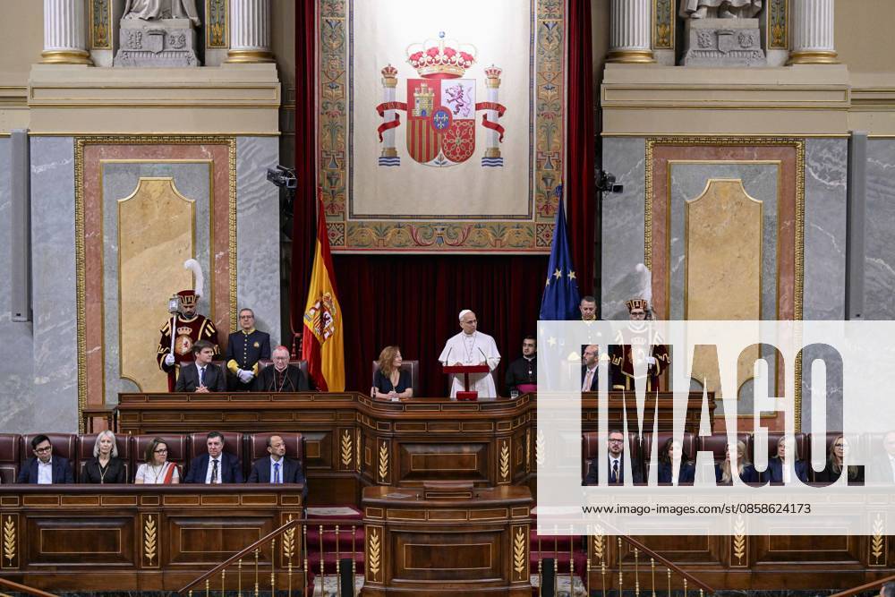 SPAIN - POPE LEO XIV DURING A JOINT SESSION OF THE SPANISH PARLAMENT AT THE CONGRESS OF DEPUTIES IN MADRID - 2026 6 8 Spain, Vatican, 2026 6 8 Pope Leo XIV during a joint session of the Spanish Parliament at the Congress of Deputies in Madrid - NO BOOKS