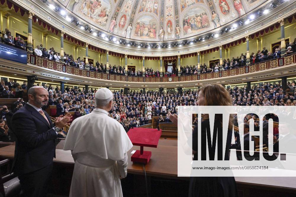 SPAIN - POPE LEO XIV DURING A JOINT SESSION OF THE SPANISH PARLAMENT AT THE CONGRESS OF DEPUTIES IN MADRID - 2026 6 8 Spain, Vatican, 2026 6 8 Pope Leo XIV during a joint session of the Spanish Parliament at the Congress of Deputies in Madrid - NO BOOKS