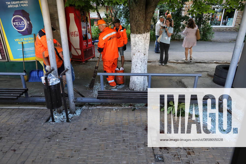 Blood covers the ground at a public transport stop as municipal workers sweep away glass shards after a Russian drone attack, Odesa, Ukraine, June 8, 2026. Russian forces attacked the southern Ukrainian city with Shahed-type drones. The wreckage of a downed drone fell directly onto a public transport stop, damaging the stop itself, as well as a control room, and several shared taxis. Three people were injured. (Photo by Nina Liashonok Ukrinform) Russian troops attack Odesa and region with drones