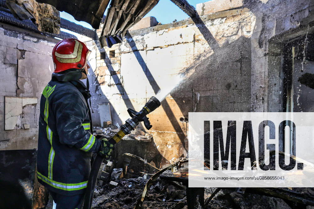 A firefighter extinguishes a fire in a house caused by a Russian drone attack, Oleksandrivka village, Odesa region, Ukraine, June 8, 2026. (Photo by Nina Liashonok Ukrinform) Russian troops attack Odesa and region with drones