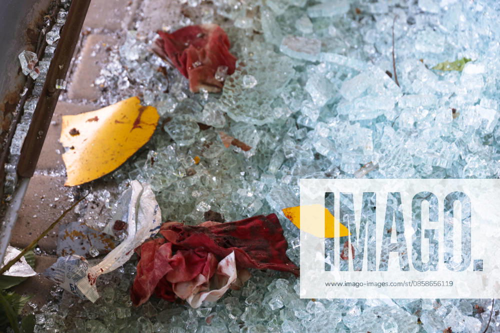 Blood-soaked wipes lie among glass shards after a Russian drone attack, Odesa, Ukraine, June 8, 2026. Russian forces attacked the southern Ukrainian city with Shahed-type drones. The wreckage of a downed drone fell directly onto a public transport stop, damaging the stop itself, as well as a control room, and several shared taxis. Three people were injured. (Photo by Nina Liashonok Ukrinform) Russian troops attack Odesa and region with drones