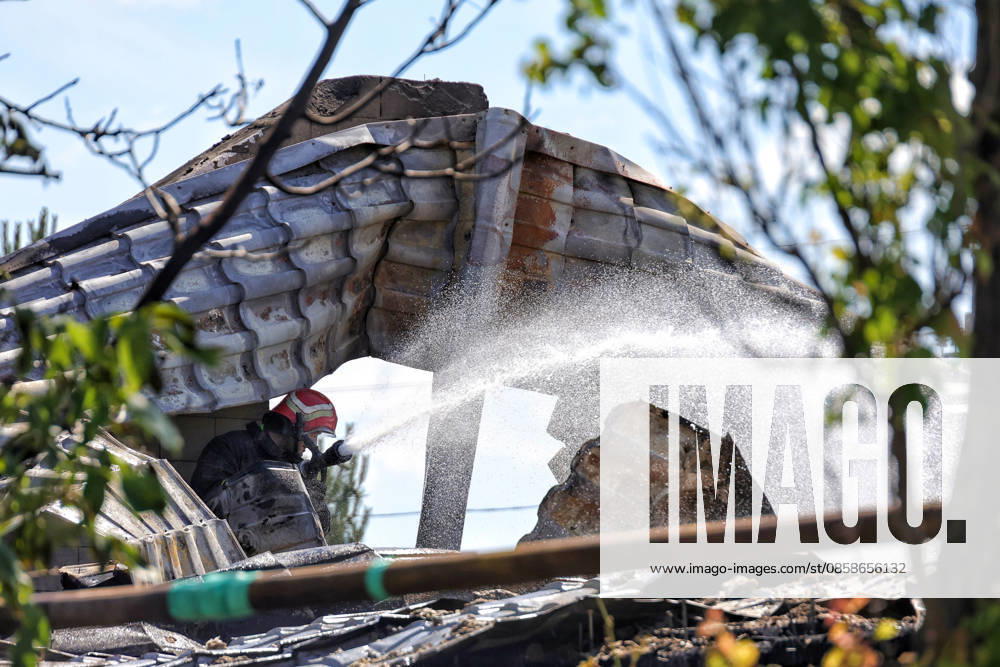 A firefighter extinguishes a fire in a house caused by a Russian drone attack, Oleksandrivka village, Odesa region, Ukraine, June 8, 2026. (Photo by Nina Liashonok Ukrinform) Russian troops attack Odesa and region with drones