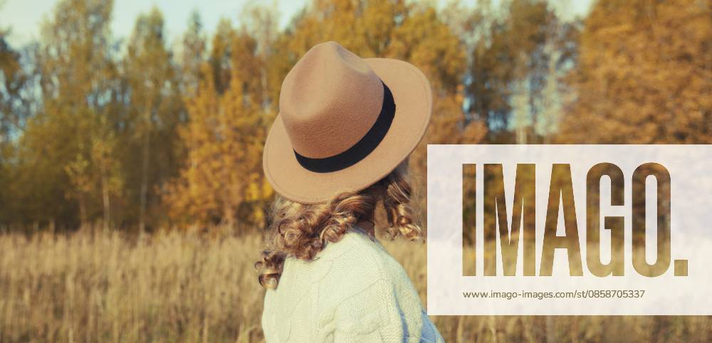 Rückansicht einer schönen glücklichen jungen Frau mit braunem Hut, die warmes Wetter genießt und die Landschaft im Herbstpark mit gelben Blättern im Freien betrachtet, Herbstsaison, Naturhintergrund Back view of beautiful happy young woman in brown hat enjoying warm weather, looking at landscape in autumn park with yellow leaves outdoors, fall season, nature background