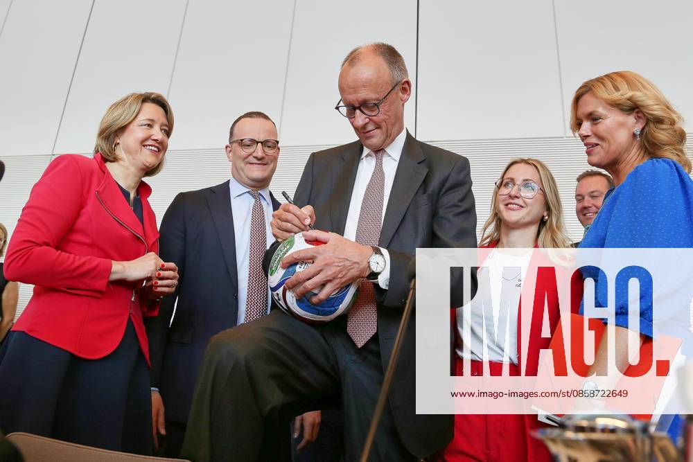 German Bundestag Union parliamentary group meeting Federal Chancellor Friedrich Merz CDU signs on WM Ball Trionda