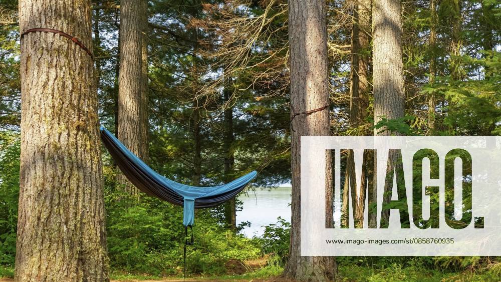 Die Hängematte hängt zwischen zwei hohen Bäumen in einem ruhigen Wald, im Hintergrund ist ein friedlicher See zu sehen und Sonnenlicht, das durch das Laub strömt Hammock hangs between two tall trees in a tranquil forest, with a peaceful lake visible in the background and sunlight streaming through foliage