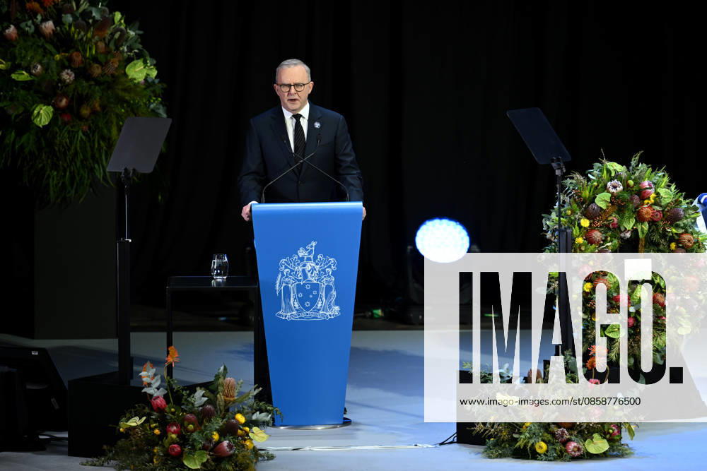 NEALE DANIHER STATE FUNERAL, Australian Prime Minister Anthony Albanese speaks during a State Funeral Service for Neale Daniher at the MCG, Melbourne, Wednesday, June 10, 2026. A state funeral will honour the life and extraordinary achievements of AFL great Neale Daniher, whose fight against MND inspired countless Australians. ( NO ARCHIVING MELBOURNE VICTORIA AUSTRALIA