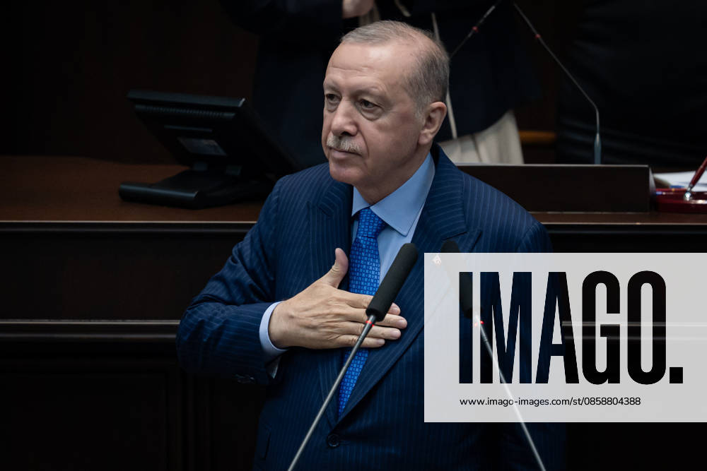 AK Party Group Meeting in Ankara ANKARA, TURKIYE - JUNE 10: Turkish President and Leader of the Justice and Development (AK) Party Recep Tayyip Erdogan greets people as he speaks during his party s group meeting at the Grand National Assembly of Turkiye in Ankara, Turkiye on June 10, 2026. Ahmet Serdar Eser Anadolu Ankara Turkey. Editorial use only. Please get in touch for any other usage.