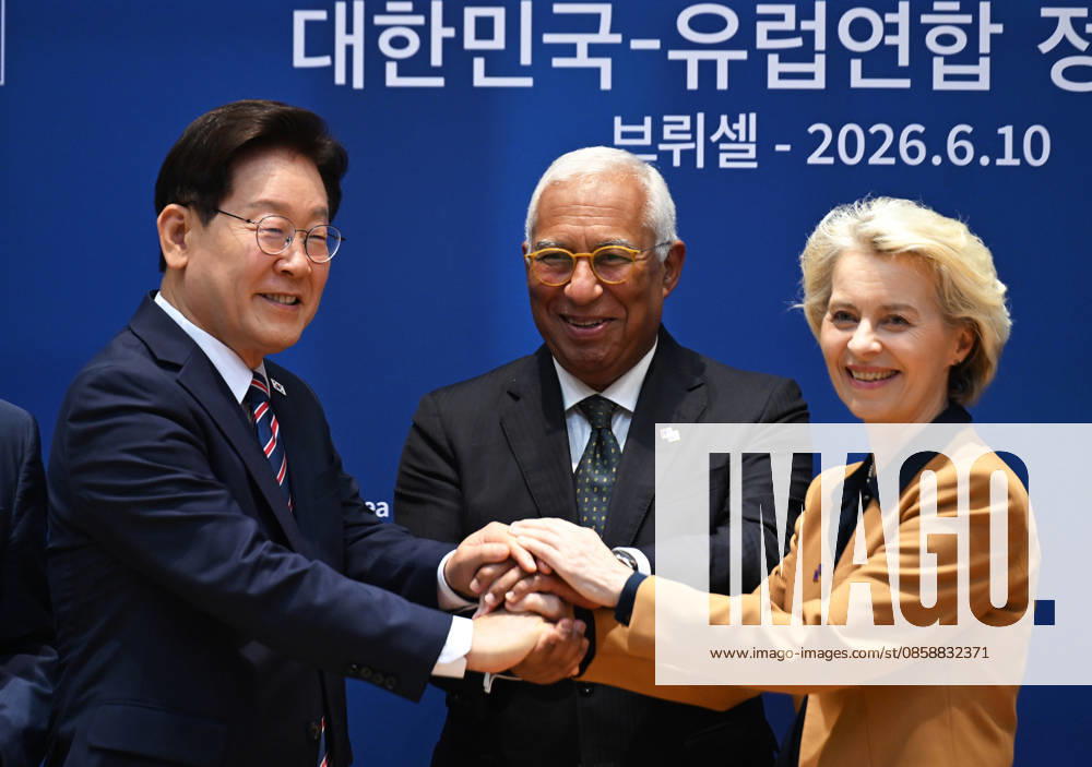EU-South Korea Summit In Brussels BRUSSELS, BELGIUM - JUNE 10: European Council President Antonio Costa, European Commission President Ursula von der Leyen and South Korean President Lee Jae Myung attend the European Union (EU)-South Korea Summit in Brussels, Belgium, on June 10, 2026. Following the meeting, South Korean Trade Minister Yeo Han-koo and European Commissioner for Trade Maros Sefcovic sign an agreement. Dursun Aydemir Anadolu Brussels Belgium. Editorial use only. Please get in touch for any other usage.